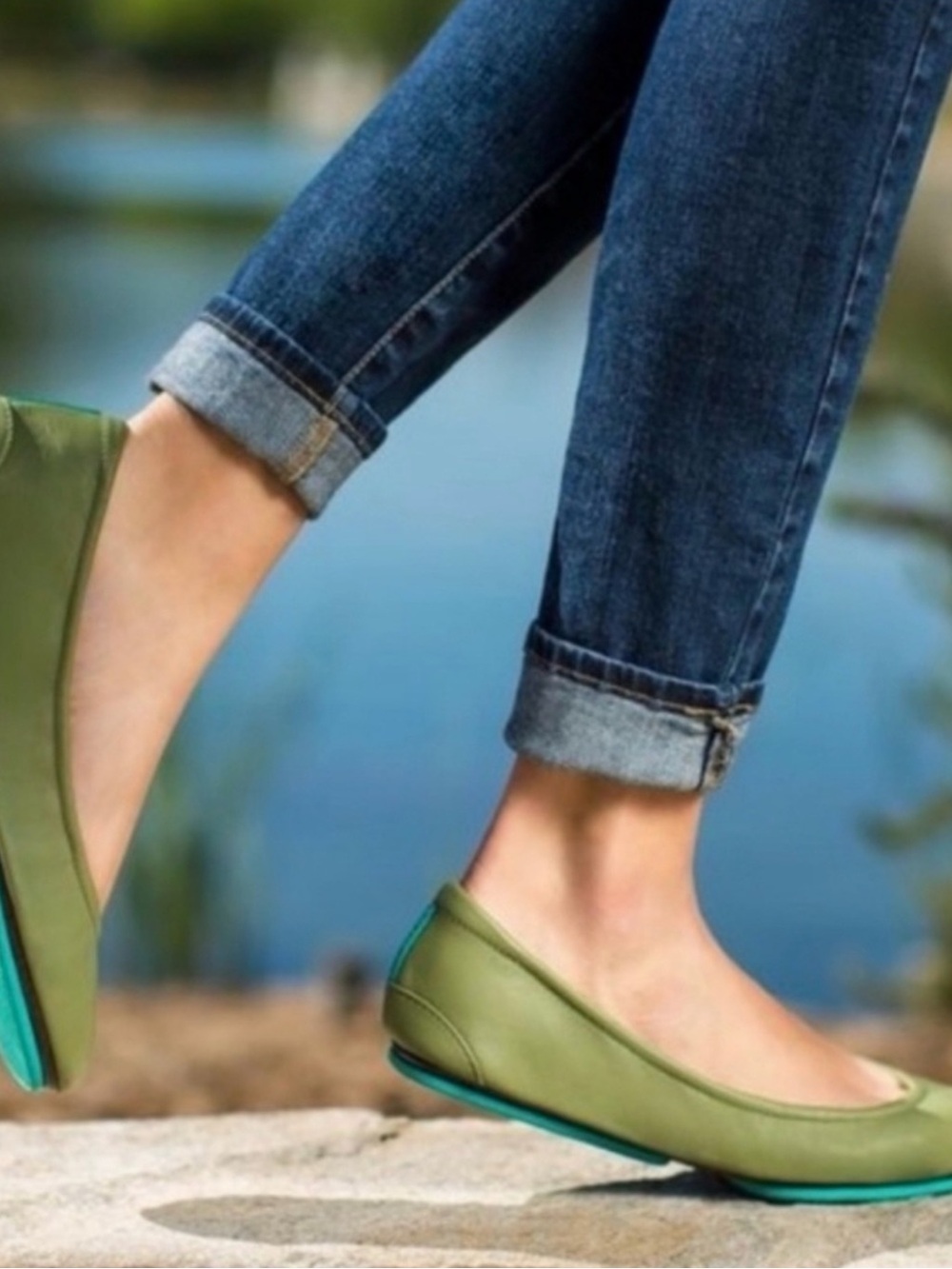 Tieks Olive Green Leather Ballet Flats with Turquoise Pull Tab
